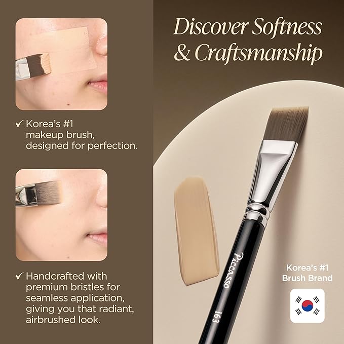 Piccasso 163 Foundation Brush – Dense Makeup Brush for Liquid & Cream Foundation, Soft Synthetic Bristles for Flawless Coverage and Face Makeup, Professional Korean Beauty Tool for Daily