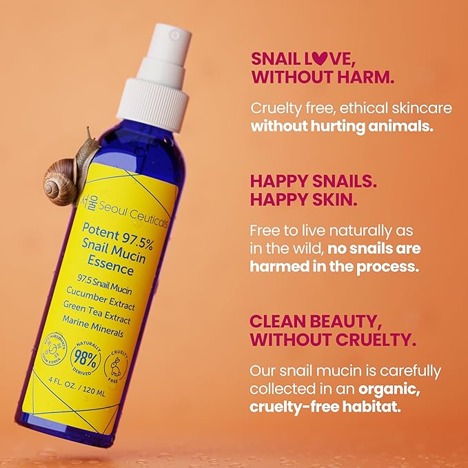 SeoulCeuticals Korean Face Mist 97.5% Snail Mucin Essence - K Beauty Skincare Facial Spray - Cucumber Extract + Marine Minerals + Green Tea + Aloe 4oz
