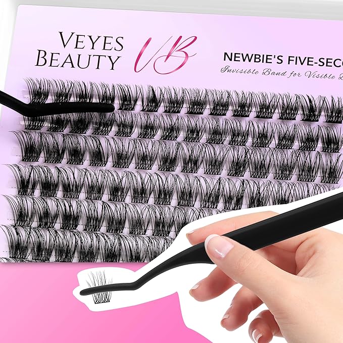 VEYESBEAUTY Lash Clusters Kit Individual Eyelash Extensions Thin & Invisible Band DIY False Eyelashes Newbie's Five-Second Series Wispy Lash Tray, Boldeye KIT with Bond&Seal Remover Applicator