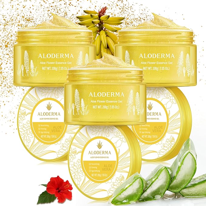 Aloderma Age-Defying Aloe Flower Essence Gel with 24K Gold Leaf, Made within 12 Hours of Harvest - Luxurious Aloe Gel with Allantoin & Hyaluronic Acid for a Shimmering, Youthful Complexion, 7oz 3-Pack